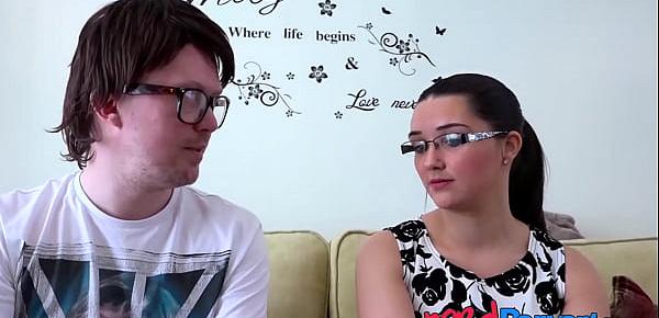  Nerdy gamer sucked skillfully by a cute babe